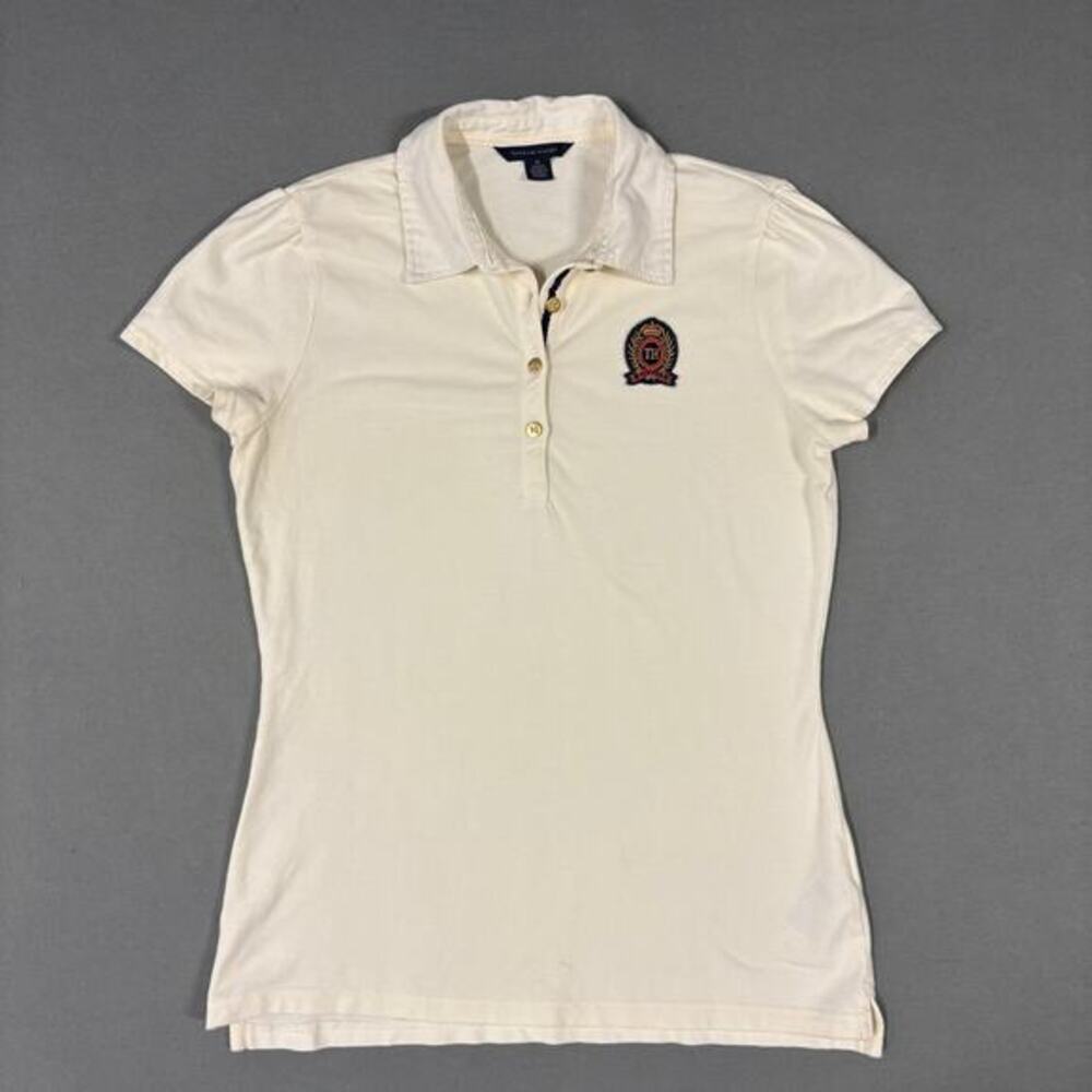 Tommy‎ Hilfiger Polo Shirt Medium Cream Excellent Crest Patch Gold Button Women